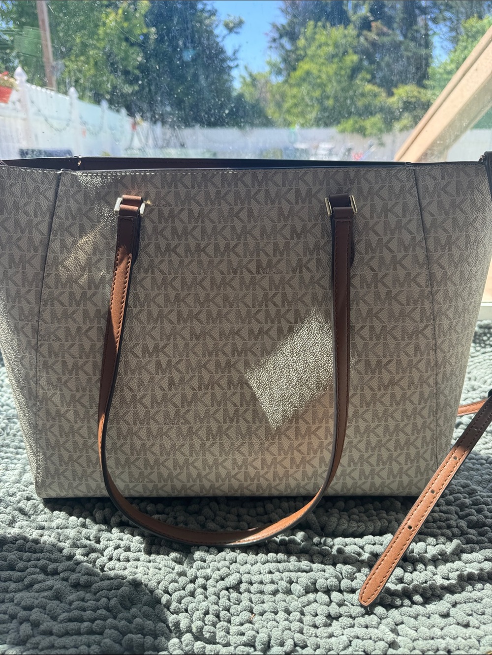 Michael Kors Beige Signature MK Tote with Brown Leather Trim - Picture 4 of 13